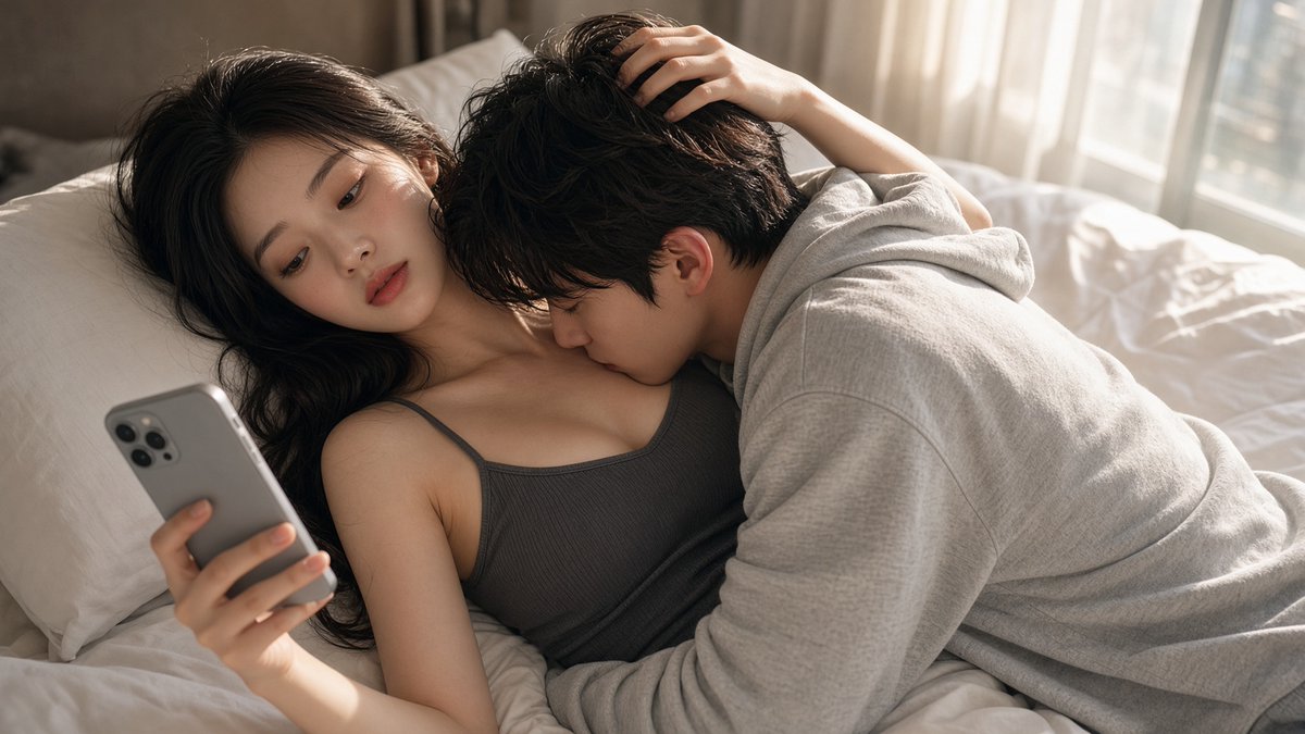 Intimate Korean Power Couple Resting on Plush White Bed
