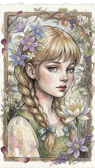 A blonde girl in a watercolor floral frame with blue eyes
