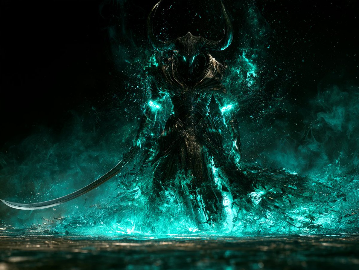 Dark Horned Knight Radiates Teal Energy in Digital Painting