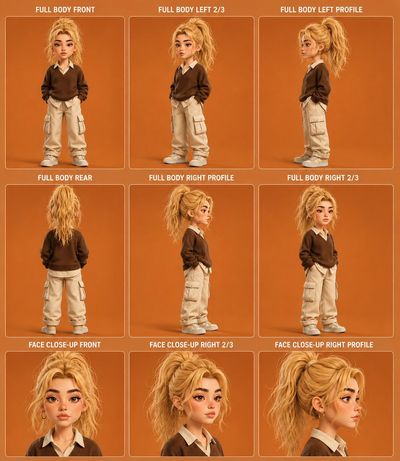 A beautiful blonde girl poses in a Pixar turnaround sheet