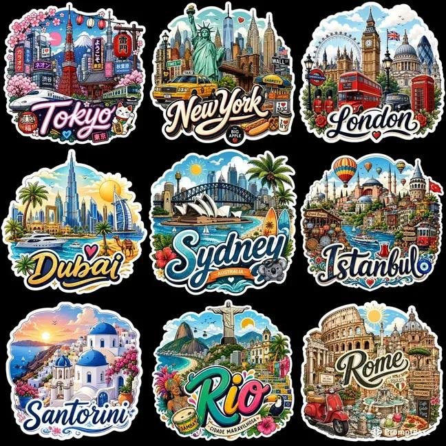 Nine vibrant travel stickers showcase iconic city landmarks on black