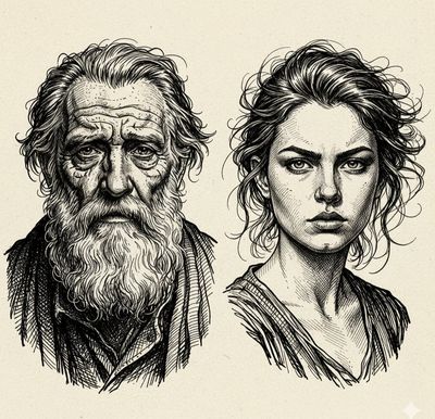 Contrasting Generations in Ink: A Detailed Portrait Duo