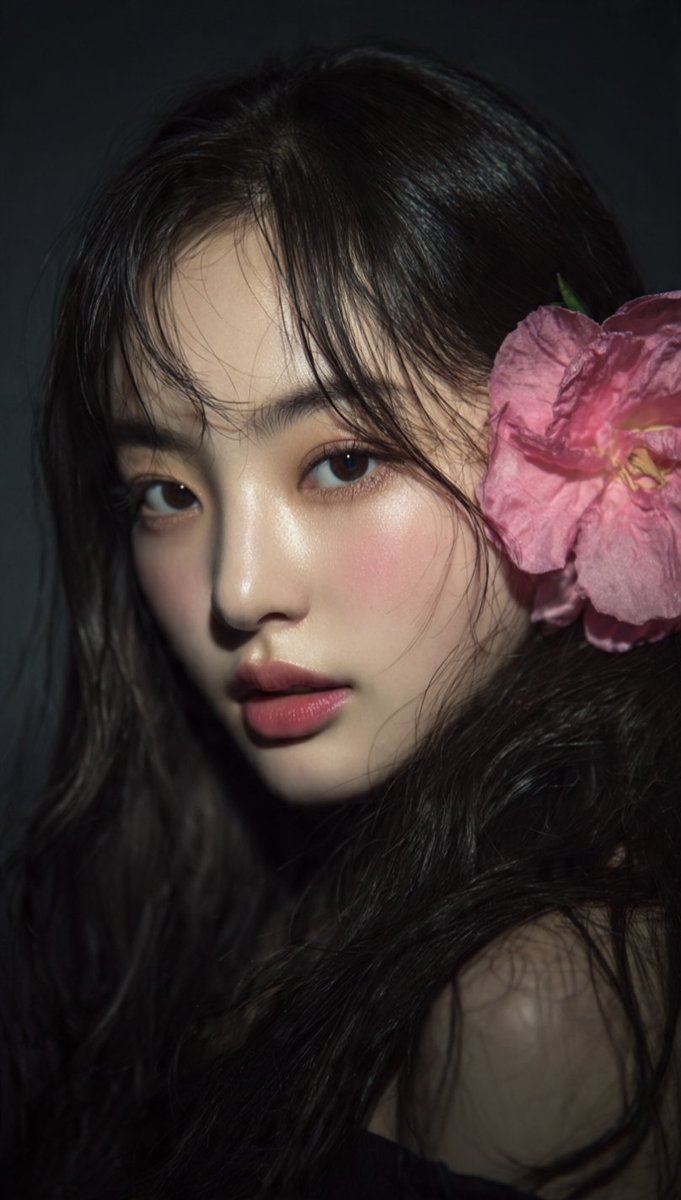 A serene woman with damp hair and a pink flower gazes intently.