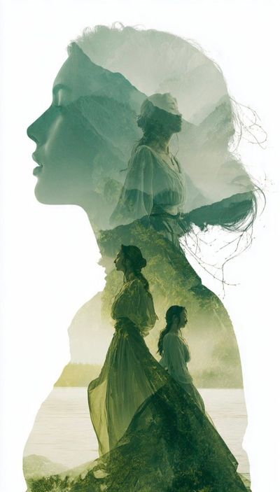 A woman's silhouette holds a misty landscape and three figures