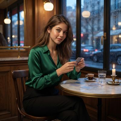 Elegant Woman Plays Cards in a Rainy Luxury Café