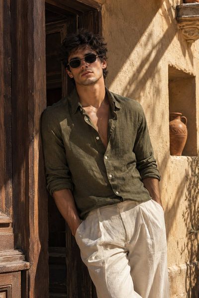 Man in olive linen leans against sunlit Mediterranean doorframe