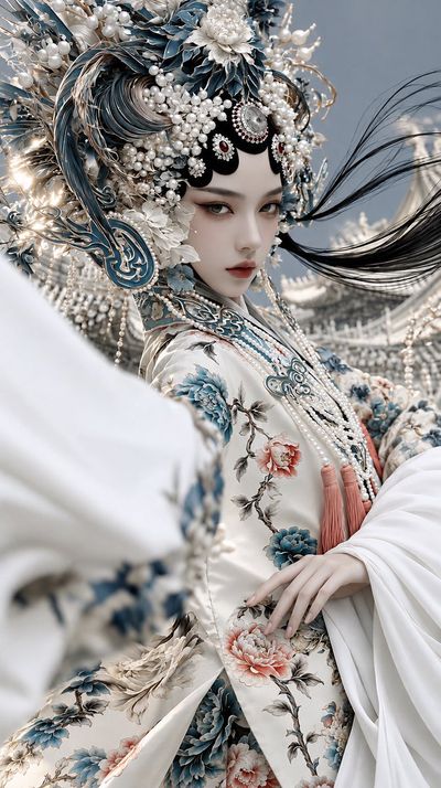 Ethereal Opera Goddess Adorned in Monumental Phoenix Crown and Silk