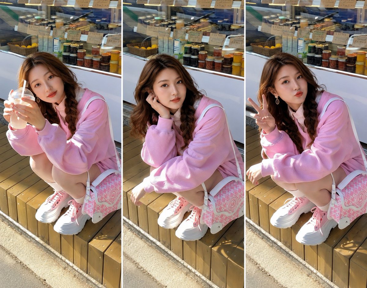 East Asian woman in pink hoodie poses for three-panel fashion collage