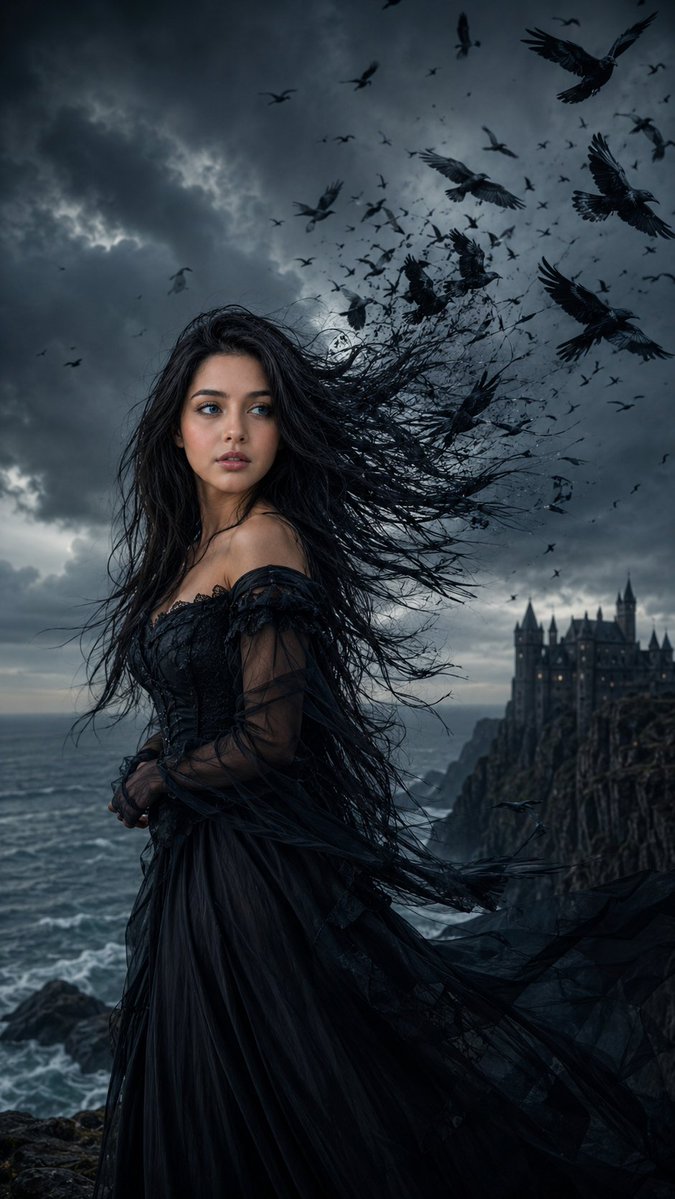 A melancholic woman's hair transforms into ravens on a stormy cliff