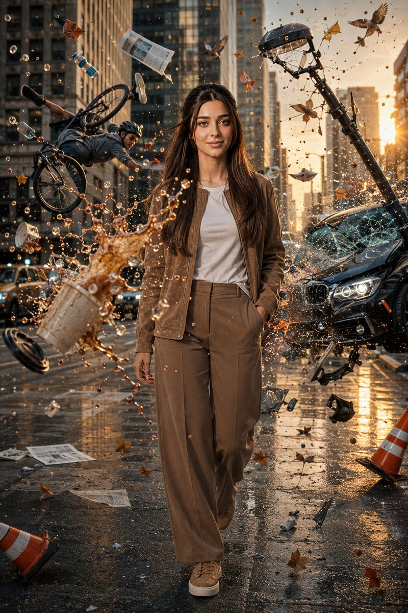 Woman walks through frozen chaos as coffee explodes mid-air