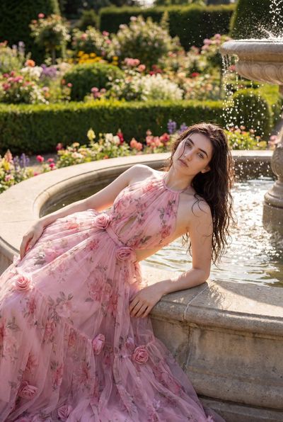 A woman in pink floral gown reclines by a sparkling fountain