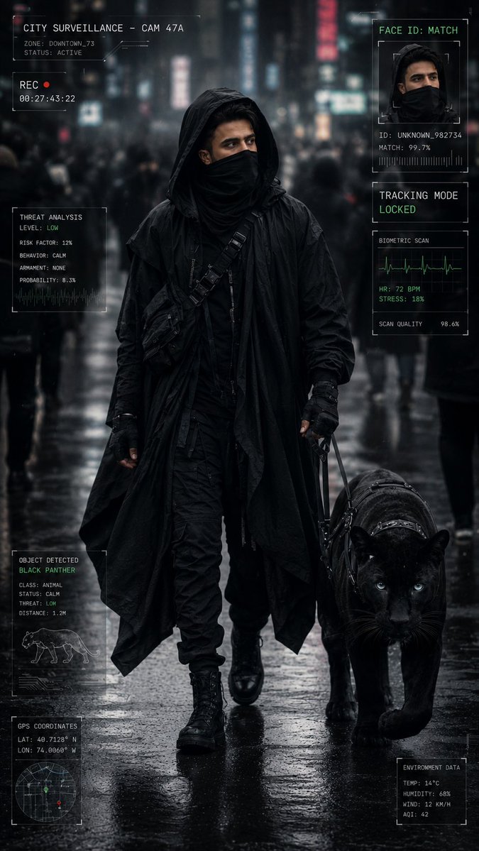 A cloaked figure walks with a black panther through a rainy cyberpunk street