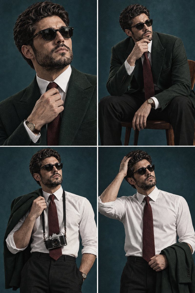Young model in green suit poses thoughtfully in teal studio