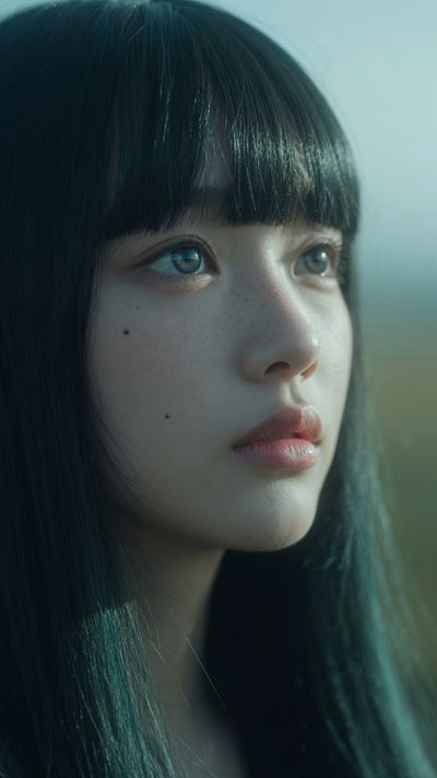 A young woman with jet-black hair gazes dreamily into a hazy field