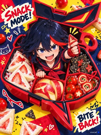 Cute character peeks out from a custom shaped bento box in bright snack ad style