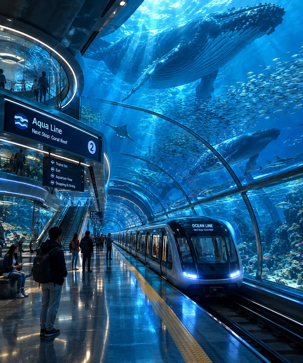 Gigantic humpback whale swims above futuristic underwater metro station