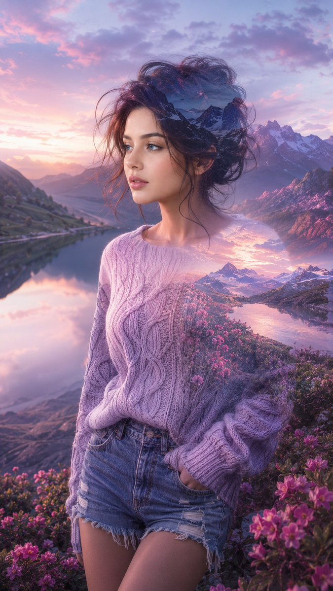 A young woman in lavender sweater blends with alpine lake at sunrise.