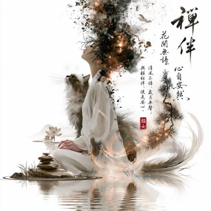 Meditating woman in white robes dissolves into swirling ink smoke