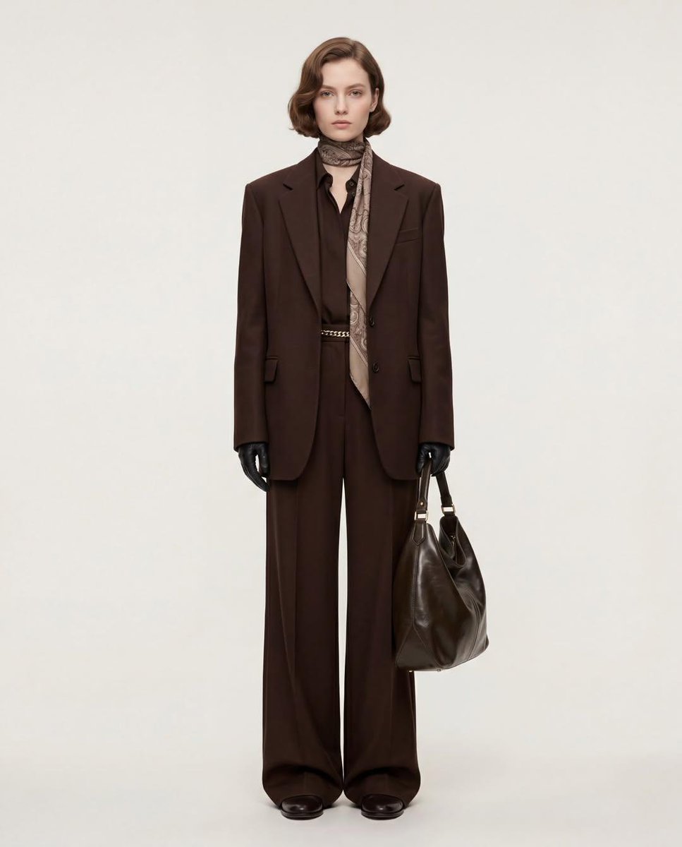 Minimalist Elegance: Tall Model in Tailored Brown Suit and Silk Scarf