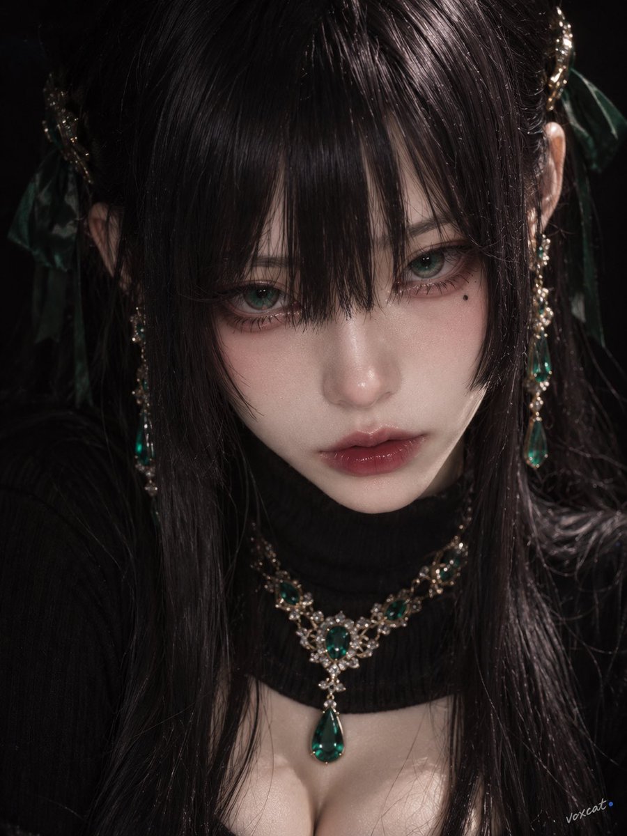 Porcelain-skinned woman with emerald eyes stares in dark close-up portrait