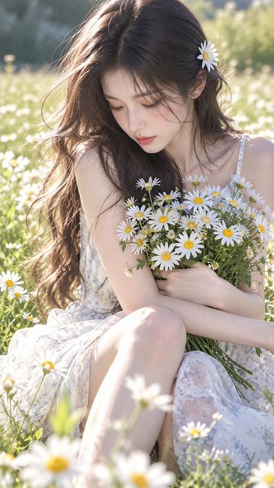 Sunlit girl in daisy field with dreamy backlight glow