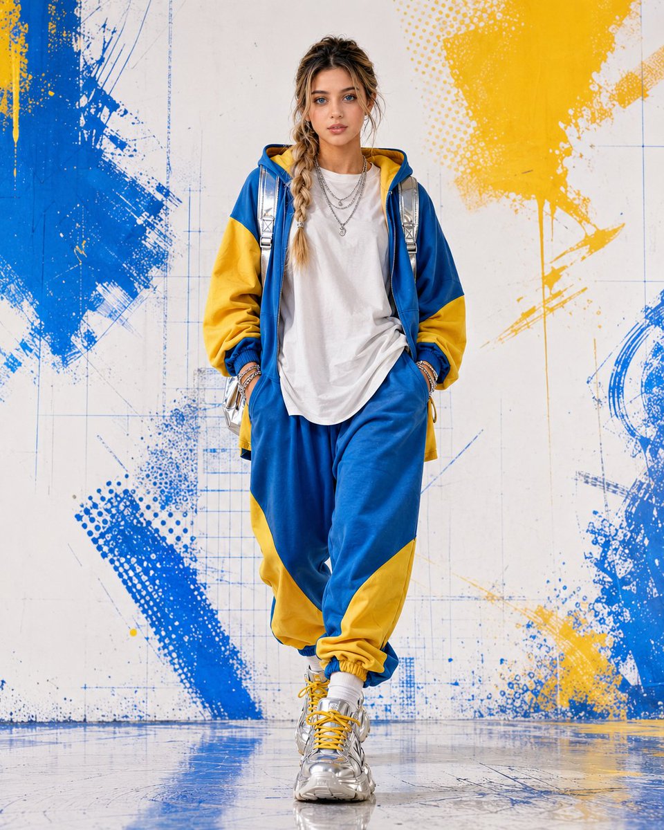 Confident woman strides forward in bold blue and yellow streetwear