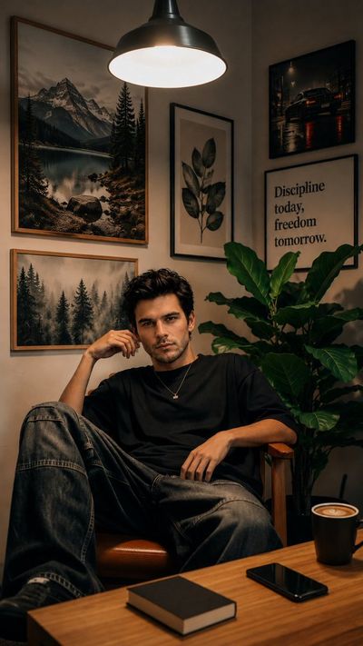 A handsome young man relaxes in a leather chair under warm light.