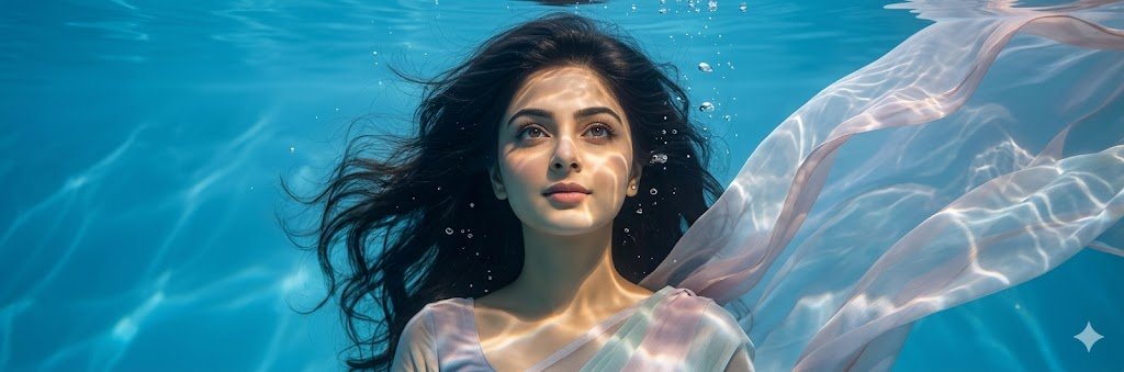 Indian woman in pastel saree floats gracefully under crystal water