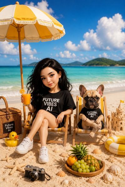 A woman with a French bulldog relaxes on a sunny tropical beach