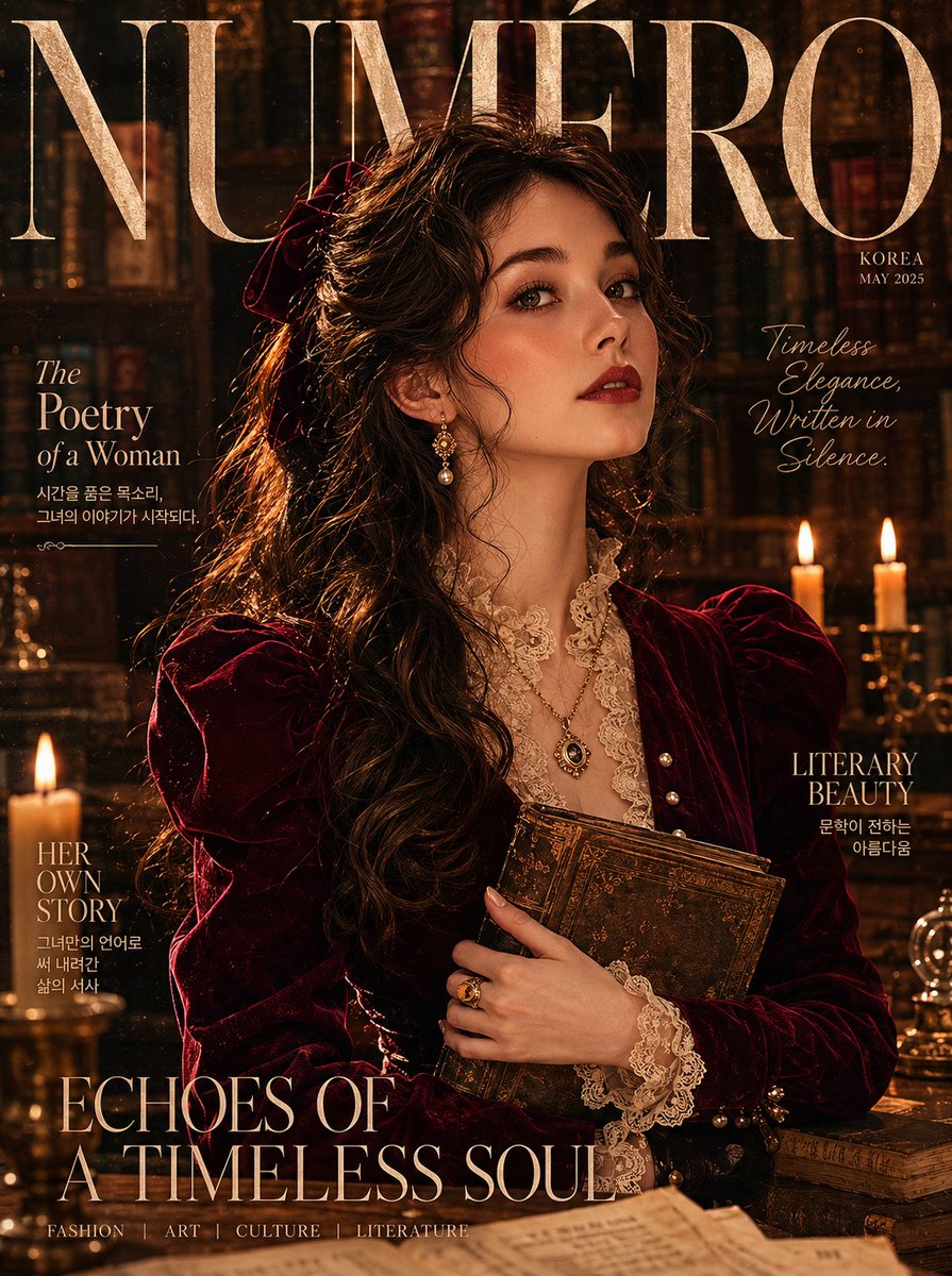 A woman in burgundy velvet reads by candlelit library shadows.