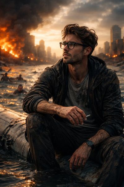 Solitude Amidst Ruins: A Man Resting on a Downed Plane Wing