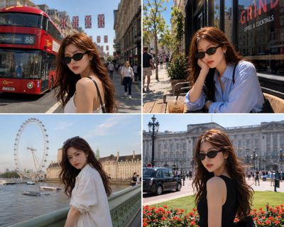 A young woman explores London in a four-photo travel collage