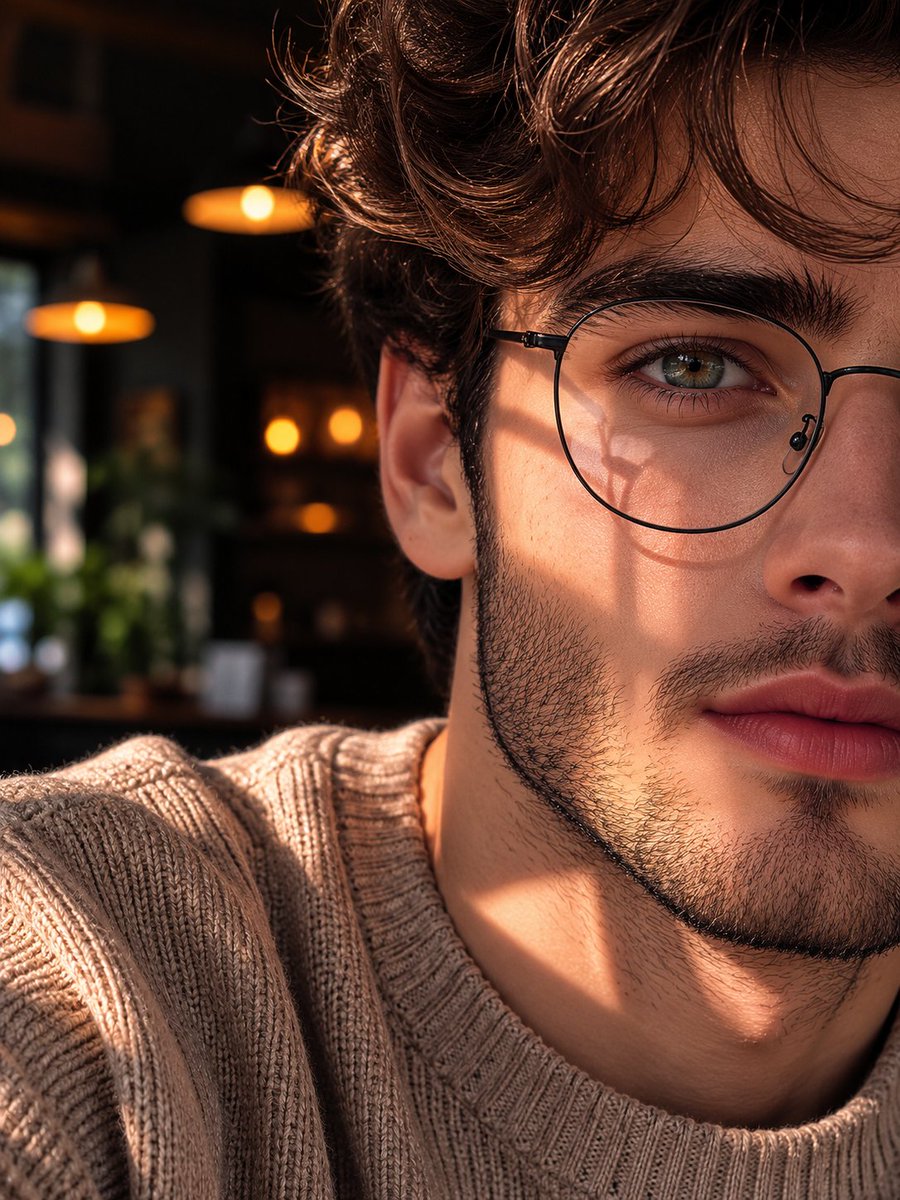 Warm sunlight illuminates a thoughtful woman in a cozy café portrait