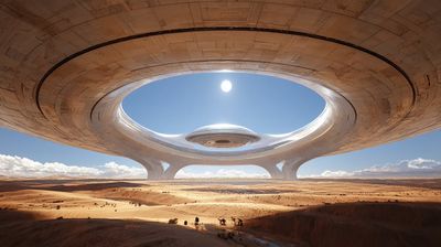 Monumental Desert Megastructure with Floating Garden Under White Sun