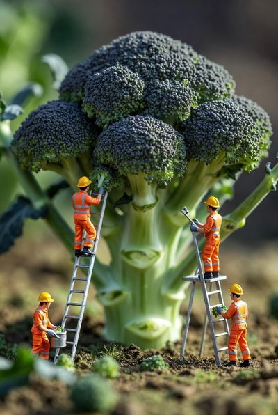 A Broccoli Towering Over Tiny Builders