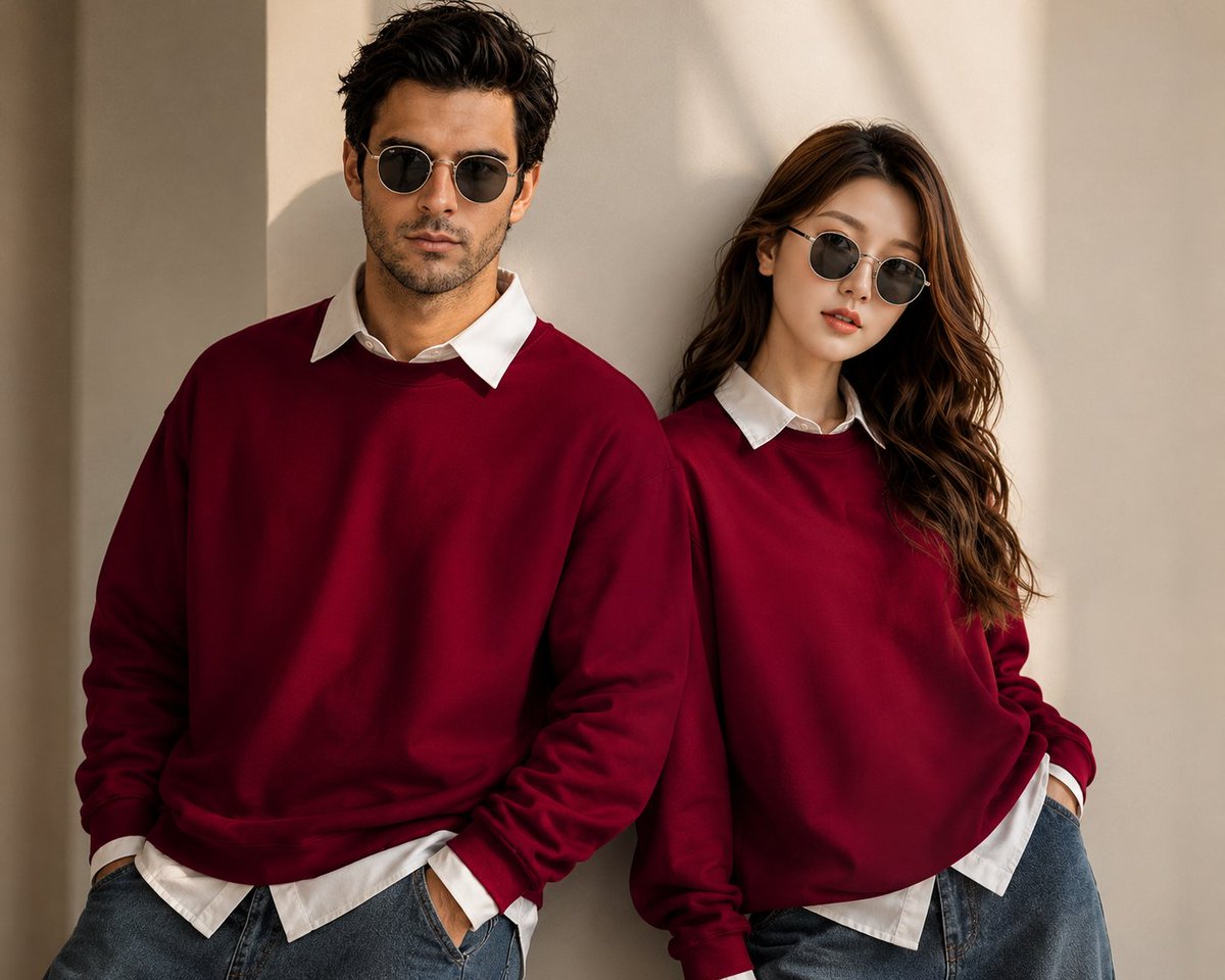 Young couple stands in beige luxury interior wearing deep red sweatshirts