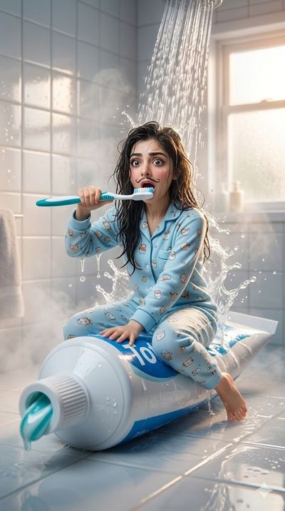A tiny girl with wet hair rides a giant toothpaste tube