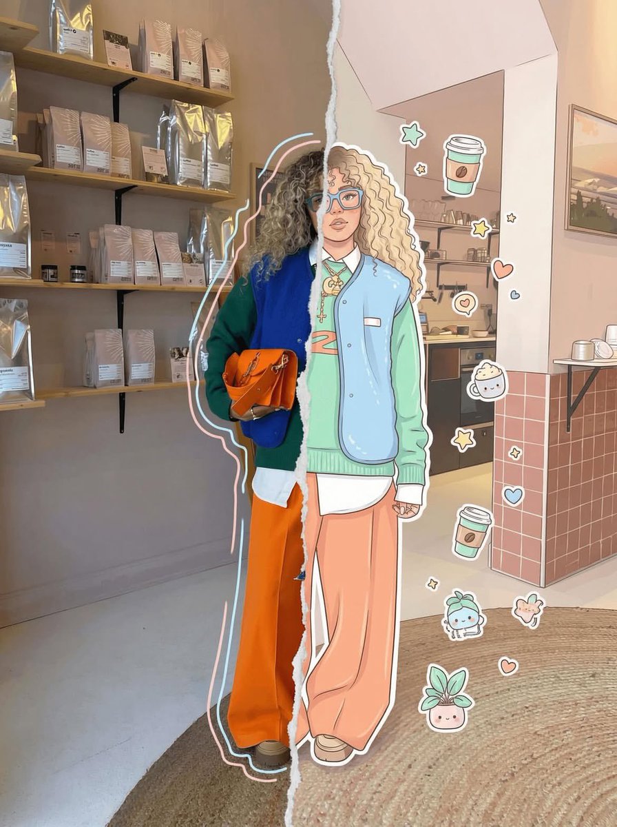 Girl splits into realistic and cartoon halves with doodles.