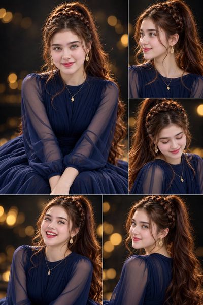 Five-Panel Studio Portrait of a Smiling Woman in Navy Gown