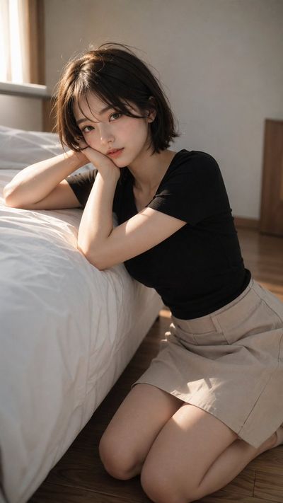 A woman kneels beside a bed in soft melancholic sunlight