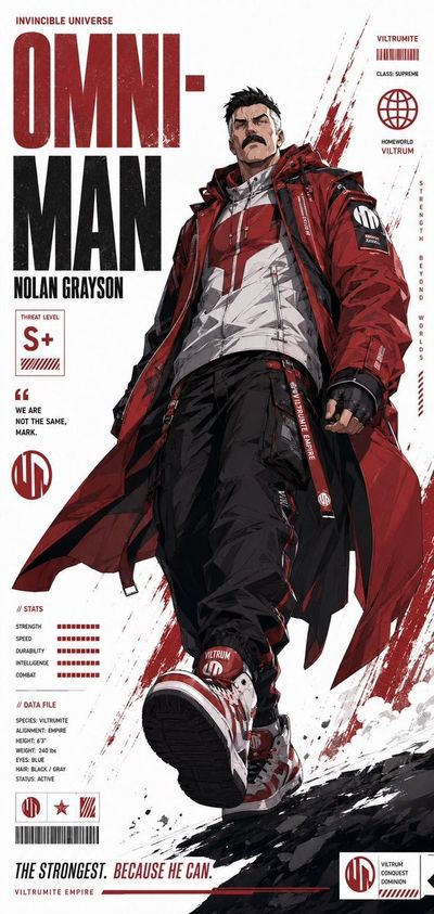 A futuristic anime hero stands in a dynamic low-angle pose