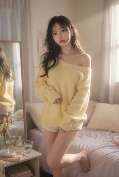 Japanese idol in soft bedroom light smiles gently with dreamy eyes