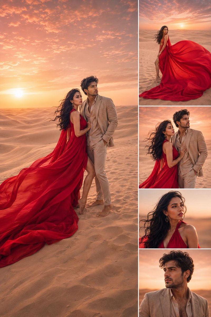 A glamorous couple poses in crimson and beige on golden dunes