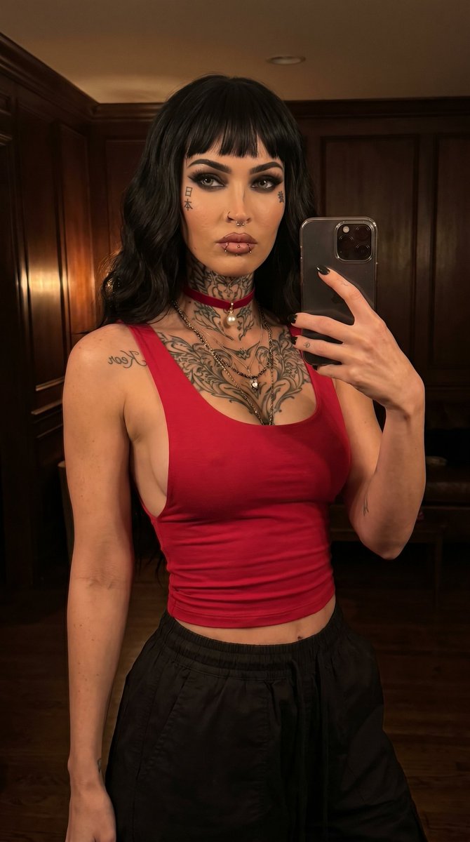 Edgy Megan Fox selfie with dark gothic makeup and tattoos