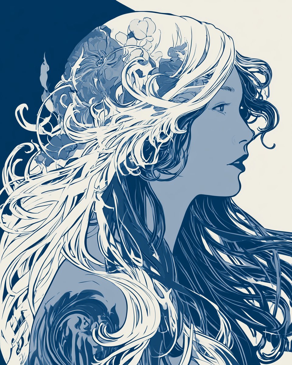 Flowing art nouveau lines capture a woman's elegant silhouette in duotone