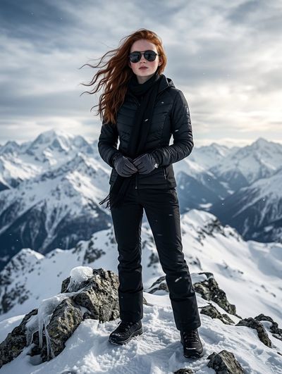 Elegant woman stands atop snowy peak in black winter outfit