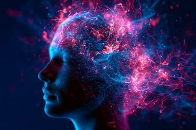 Human mind merges with glowing cybernetic neural nexus web