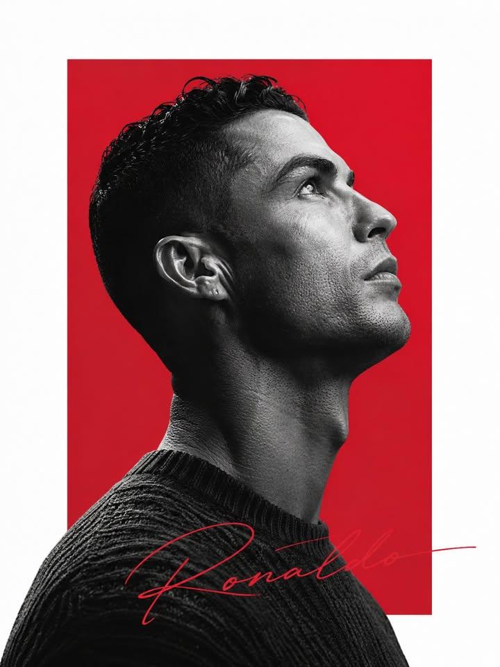 Ronaldo's upward gaze in a crimson-framed minimalist portrait