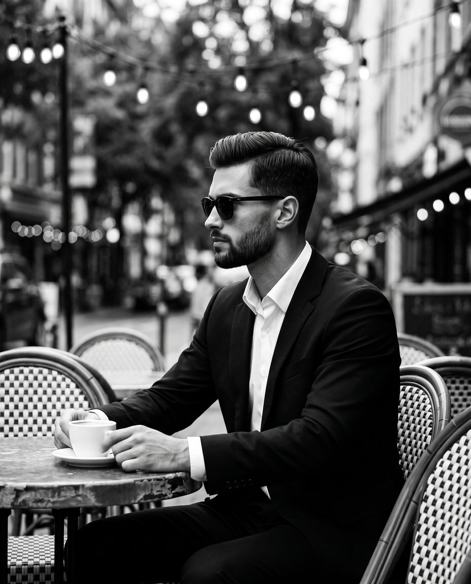 Stoic man in suit sips coffee at urban sidewalk cafe