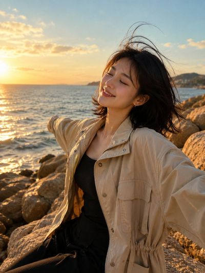 Young woman embraces ocean breeze on golden hour coastal rocks